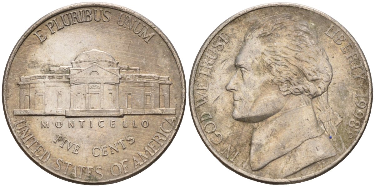 США 5 центов 1998 D KM A192 медно-никель 4143-1157