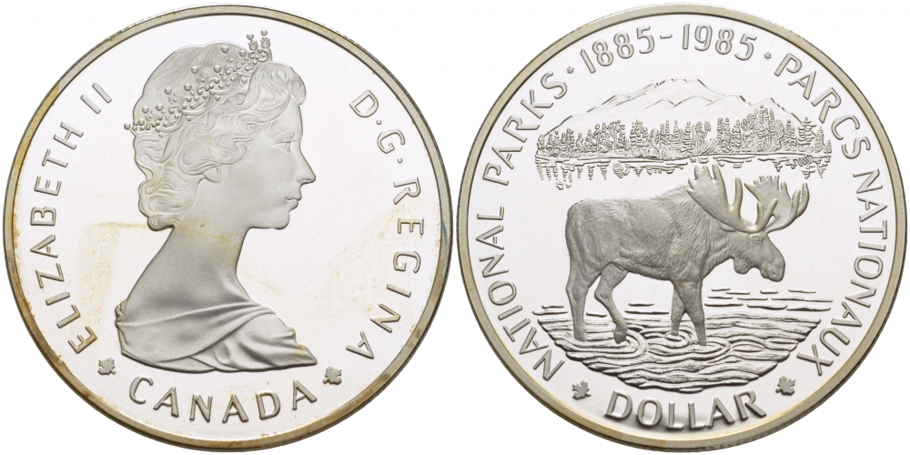 Канада 1 доллар 1985 100 лет национальному парку (1885-1985), лось KM 143 серебро PROOF 1082-2-34