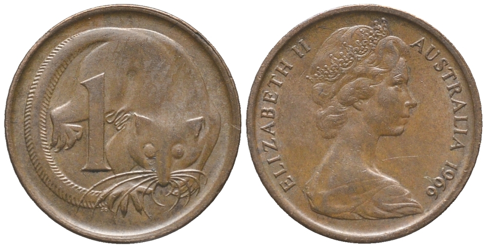 АВСТРАЛИЯ 1 ЦЕНТ 1966 ЕЛИЗАВЕТА II, МОЛОДОЙ ПОРТРЕТ, ОПОССУМ КМ 62 бронза 100-816