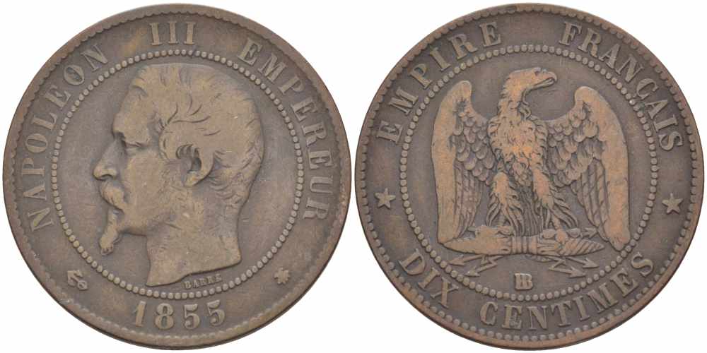 Франция 10 сантимов 1855 BB, Наполеон III (1852-1870) KM 771.3, Le Franc 133.23 бронза    4680-513