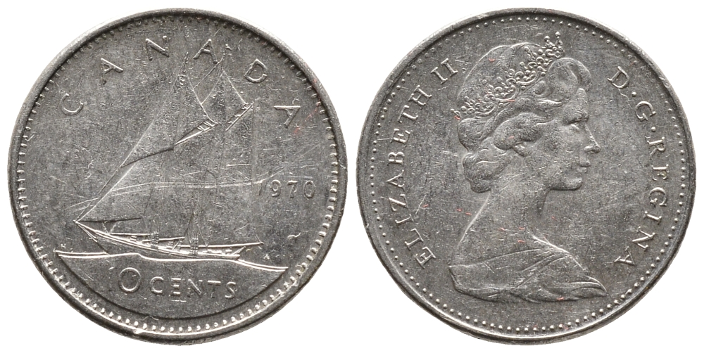 Канада 10 центов 1970 самый редкий год тиража, Елизавета II (1952-2022), парусник KM 77 никель     73-1716