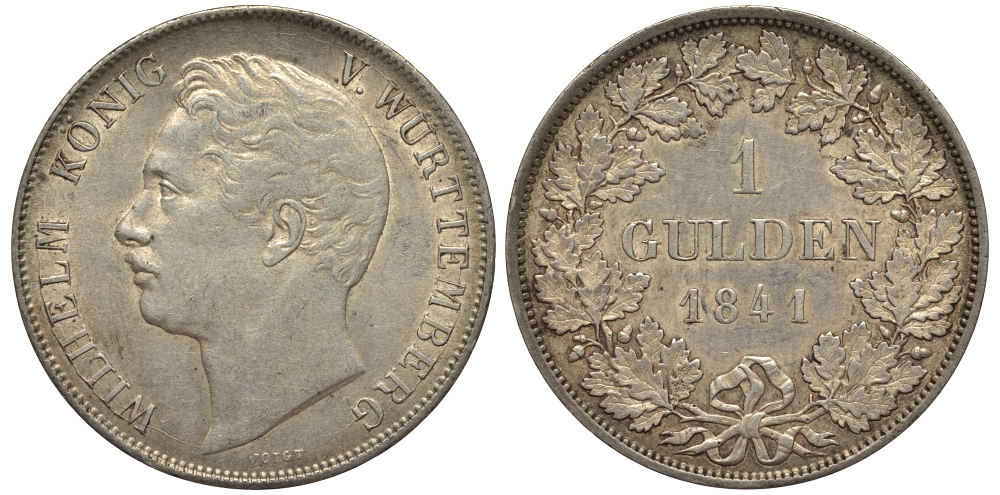 Вюртемберг 1 гульден 1841 Вильгельм I (1816-1864) KM 574, AKS 85, Jaeger 70 серебро 00-00