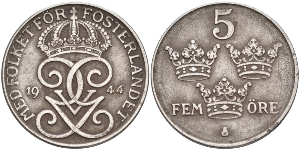 Швеция 5 эре 1944 Густав V (1907-1950) KM 812 железо 4557-714