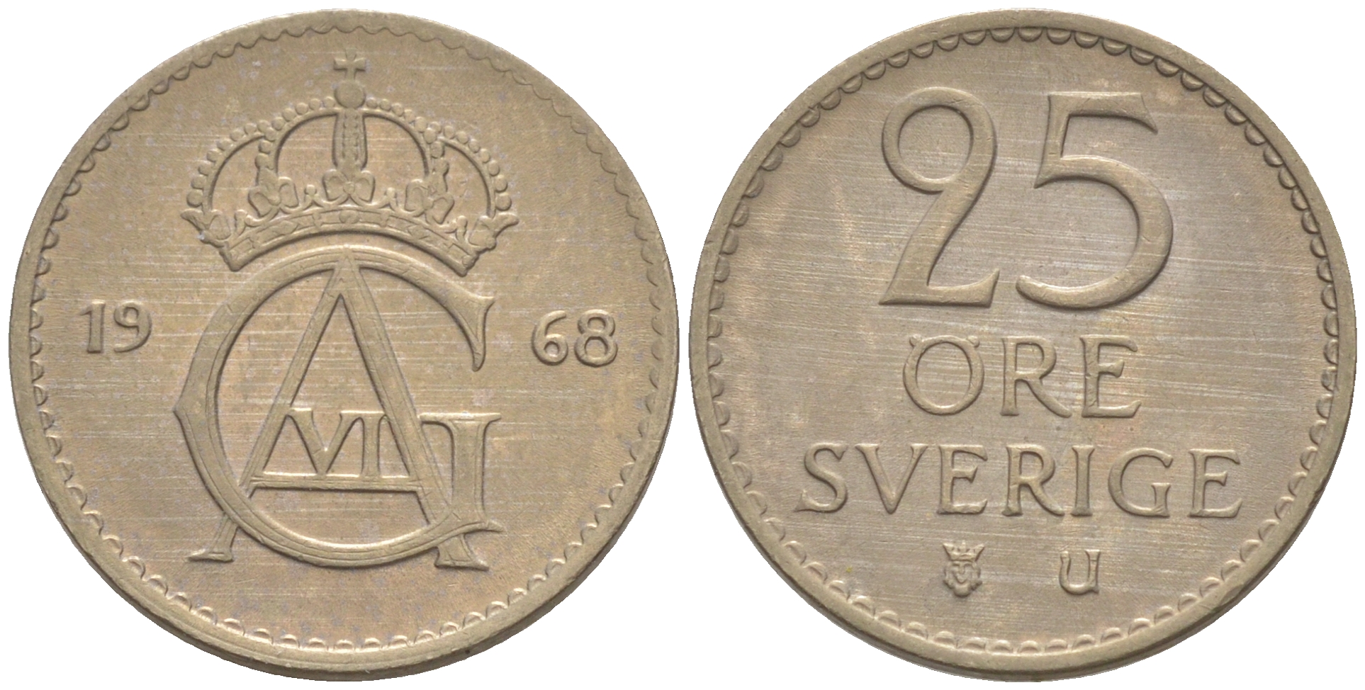 Швеция 25 эре 1968 Густав VI Адольф (1950-1973) KM 836 медно-никель UNC 187-838