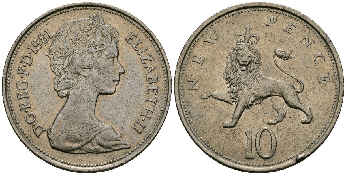 Великобритания 10 пенсов 1981 Елизавета II (1952-2022) KM 912, Spink 4231 (F1) медно-никель 4384-924