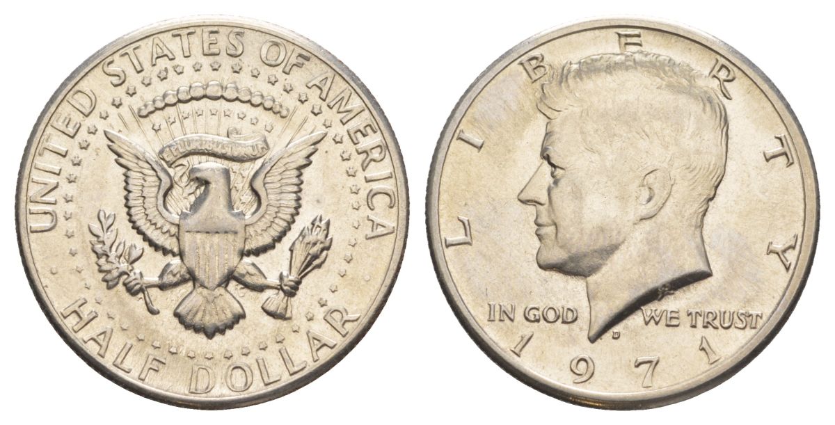 США 1/2 доллара (50 центов) 1971 D, Джон Кеннеди KM 202b медь плакированная медно-никелем aUNC 81-1126