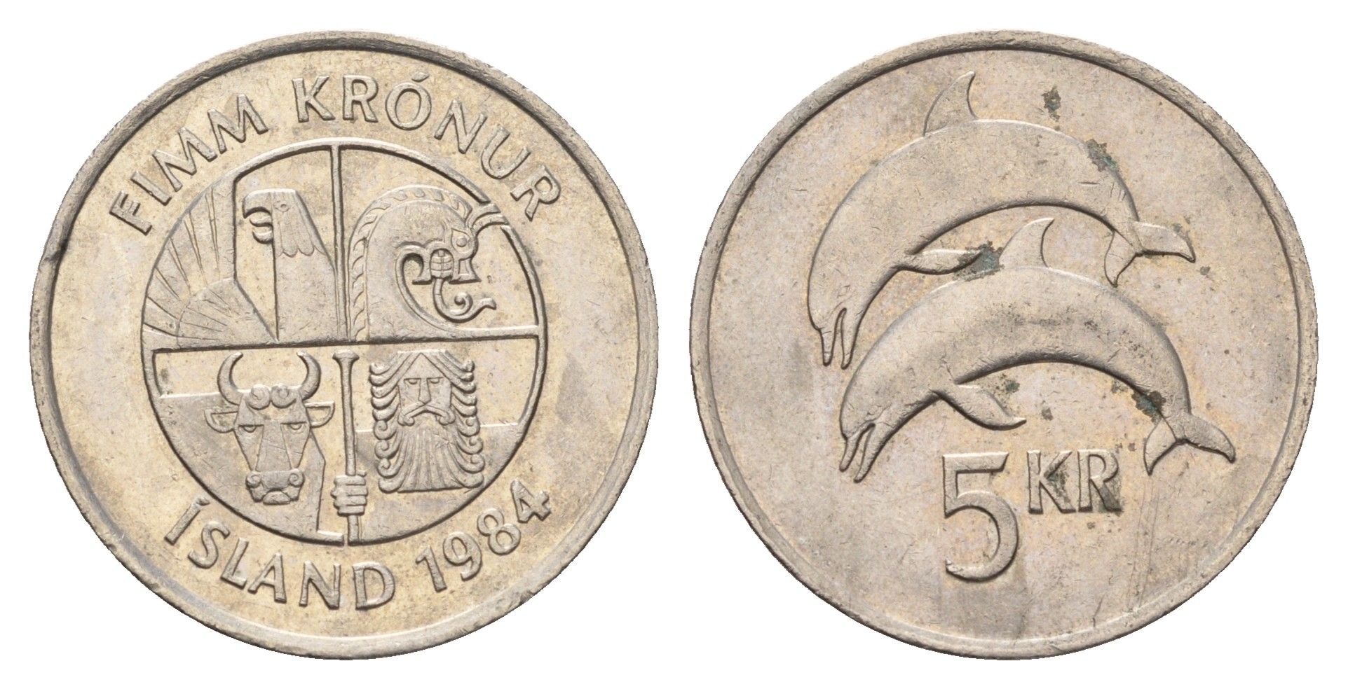 Исландия 5 крон 1984 дельфины KM 28 медно-никель 4591-1054