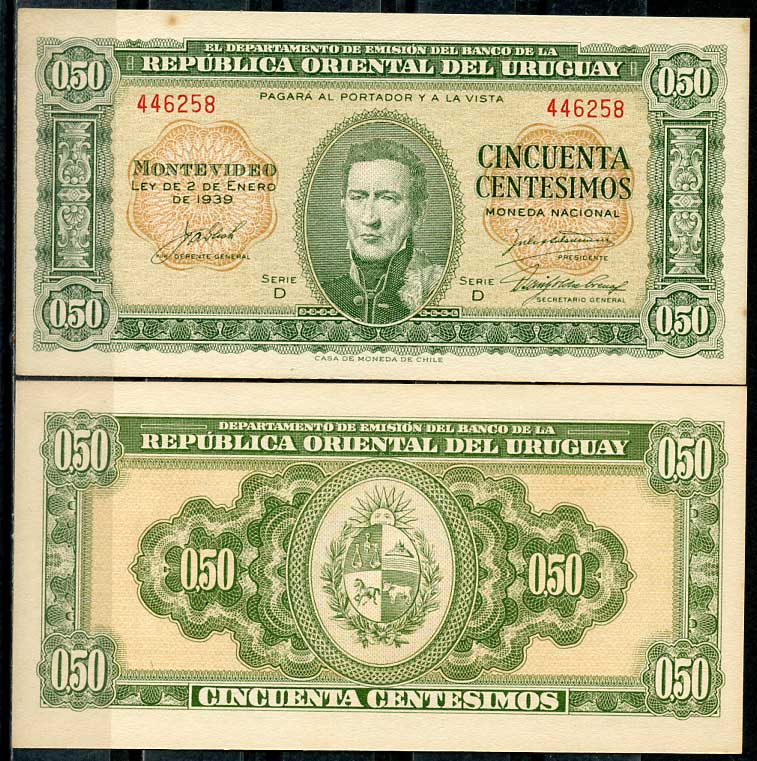 Уругвай 50 сентесимо 1939 Хосе Хервасио Артигас, серия D Pick 34  бумага  UNC (пресс) 447-116-3
