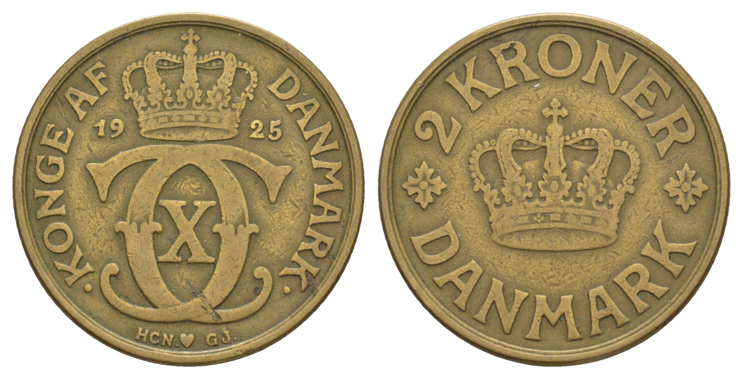 Дания 2 кроны 1925 HCN; GJ, Кристиан X (1912-1947) KM 825 алюминиевая бронза 82-215