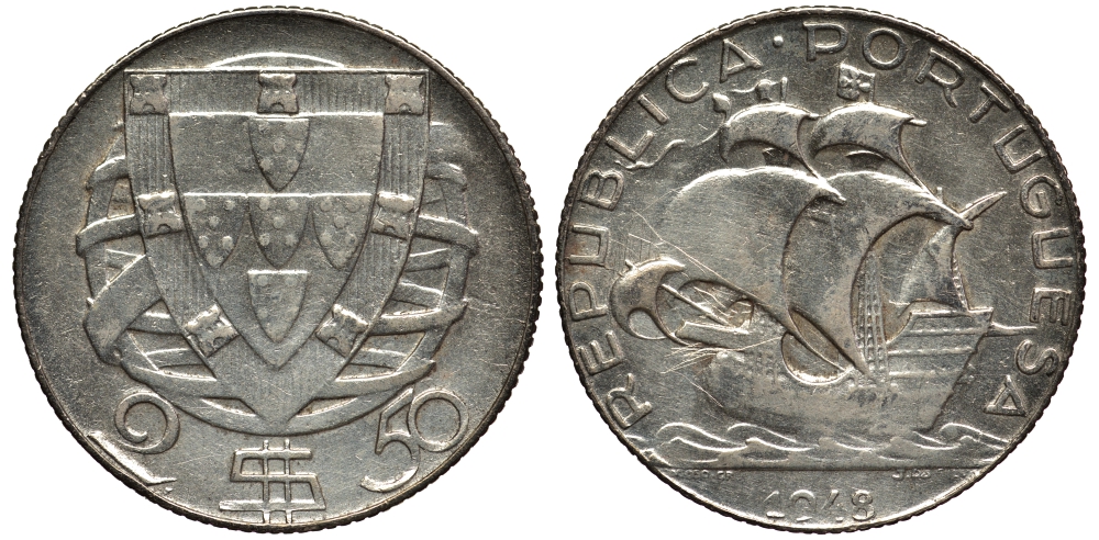Португалия 2,5 эскудо 1948 парусник, самый редкий год KM 580 серебро  XF  1530-521