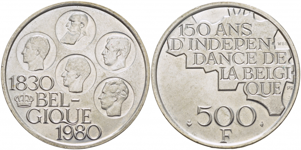 Бельгия 500 франков 1980 150 лет независимости, Belgique, Бодуэн I (1951-1993) KM 161 медно-никель покрытый серебром 107-314