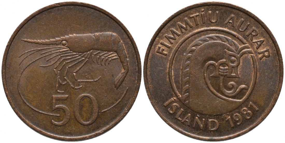 Исландия 50 эйре 1981 креветка KM 26 бронза 181-632