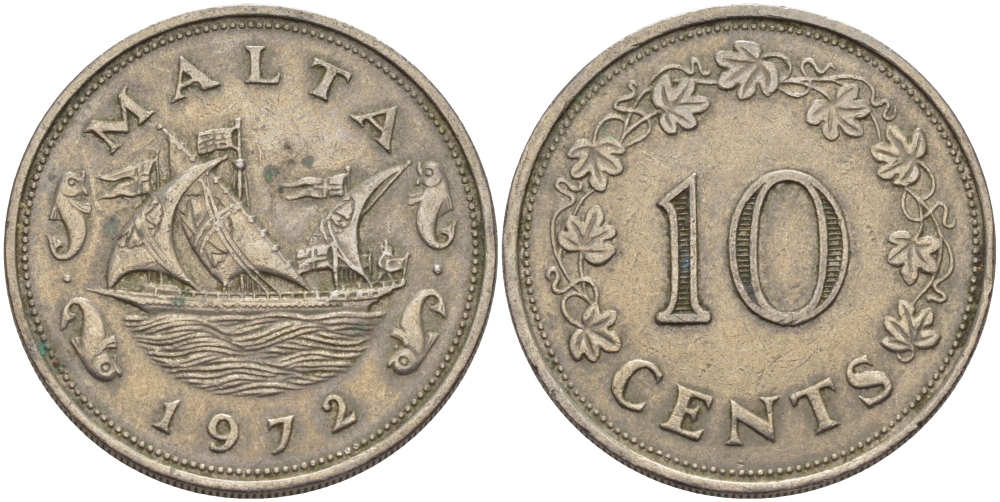Мальта 10 центов 1972 баржа Великого магистра KM 11 медно-никель 82-536