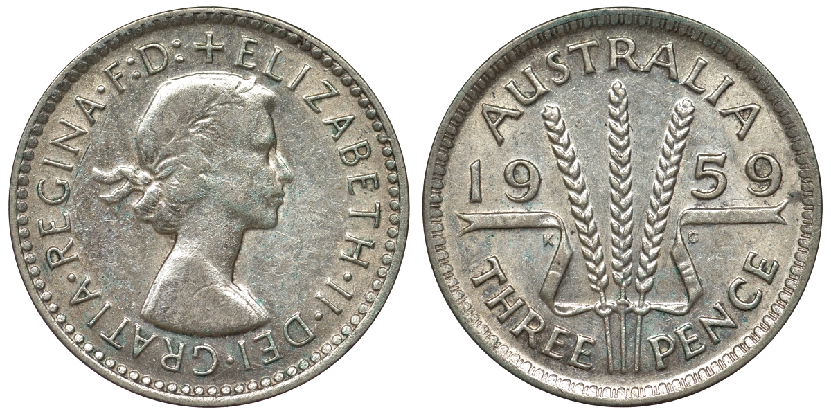 Австралия 3 пенса 1959 m, Елизавета II (1952-2022) KM 57 серебро 71-614