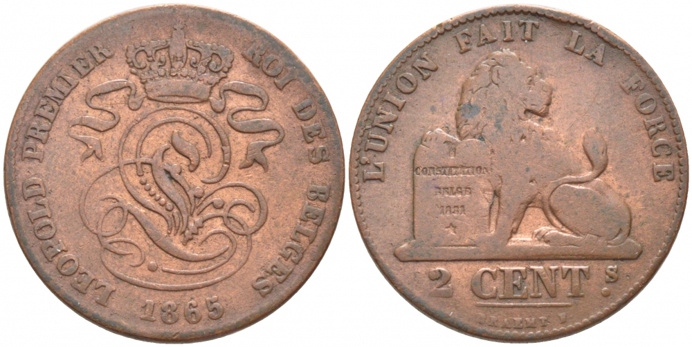 БЕЛЬГИЯ 2 САНТИМА 1865 BELGES KM 4.2 медь 110-543