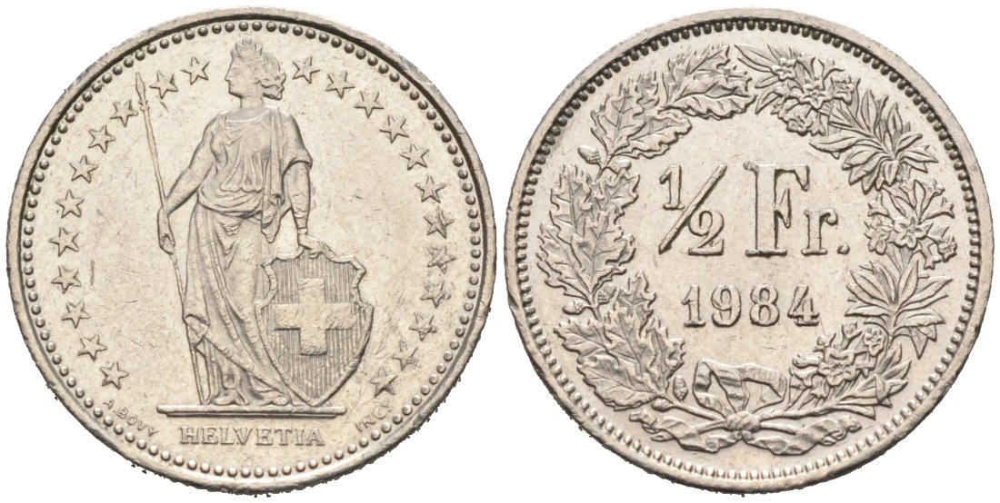 Швейцария 1/2 франка 1984 КМ 23а медно-никель 4567-538