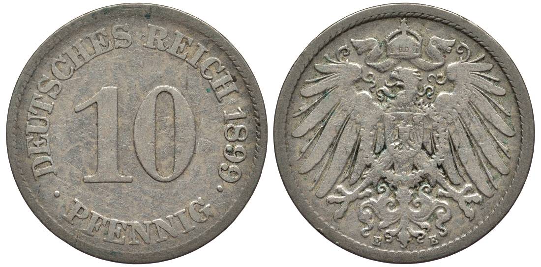 Германия 10 пфеннигов 1899 E KM 12, Jager 13, Weege 8 медно-никель 219-322