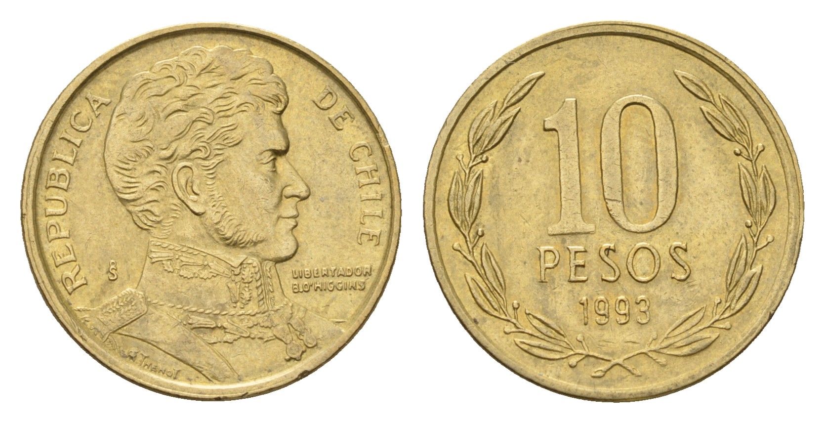 Чили 10 песо 1993 KM 228.2 алюминиевая бронза 188-943
