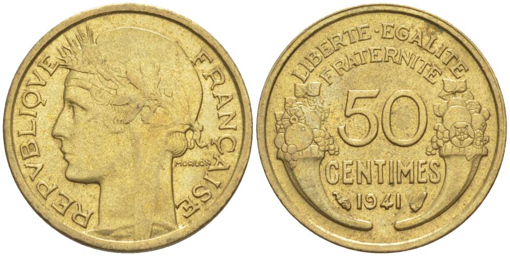ФРАНЦИЯ 50 САНТИМОВ 1941 ТИП MORLON KM 894.1, LE FRANC 192.18 алюминиевая бронза 44-524