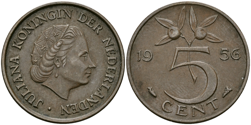 НИДЕРЛАНДЫ 5 ЦЕНТОВ 1956 ЮЛИАНА KM 181 бронза 95-323