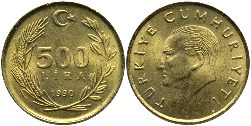 Турция 500 лир 1990 Кемаль Ататюрк KM 989 алюминиевая бронза 4541-437