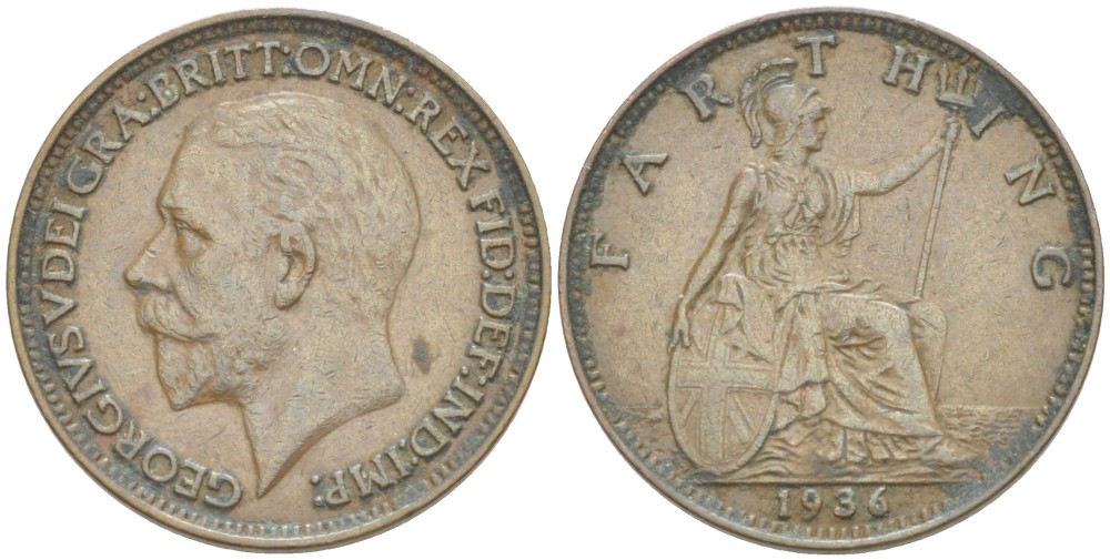 Великобритания 1 фартинг 1936 Георг V (1910-1936) KM 825, Spink 4061 бронза 4543-1111