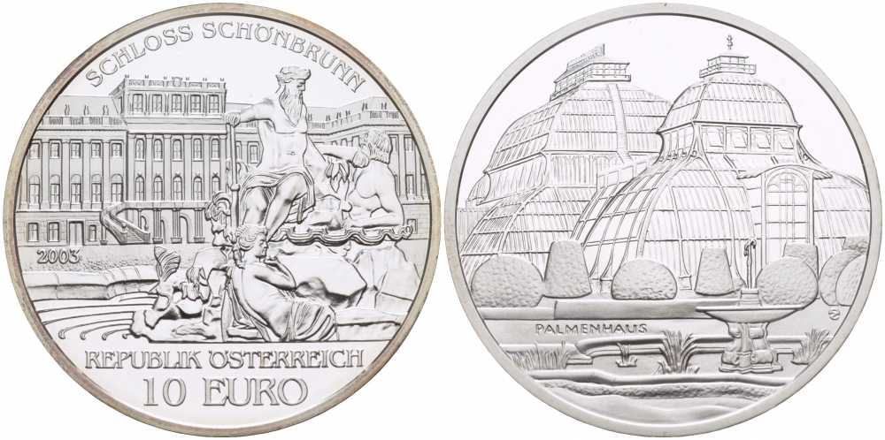 Австрия 10 евро 2003 Дворец Шенбрунн, здание парламента KM 3106 серебро PROOF 1085-5-12