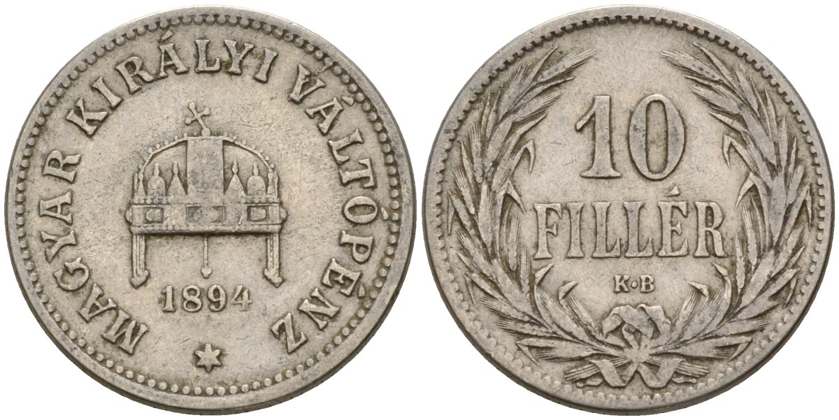 Венгрия 10 филлеров 1894 KB, Франц Иосиф I (1848-1916) KM 482 никель 4151-1051