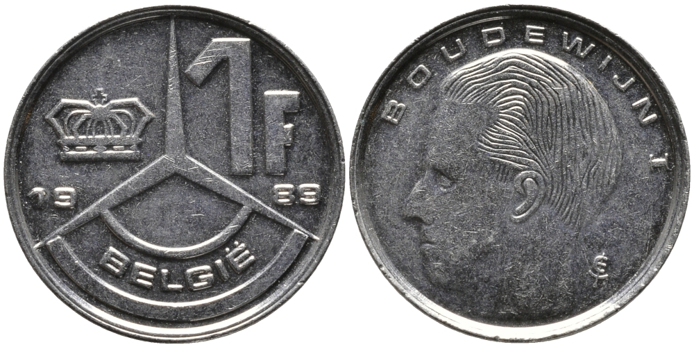 БЕЛЬГИЯ 1 ФРАНК 1989 BELGIE KM 171 сталь плакированная никелем 99-1238