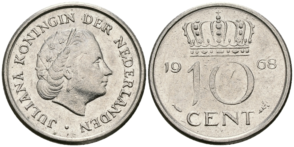 НИДЕРЛАНДЫ 10 ЦЕНТОВ 1968 ЮЛИАНА KM 182 никель 96-436