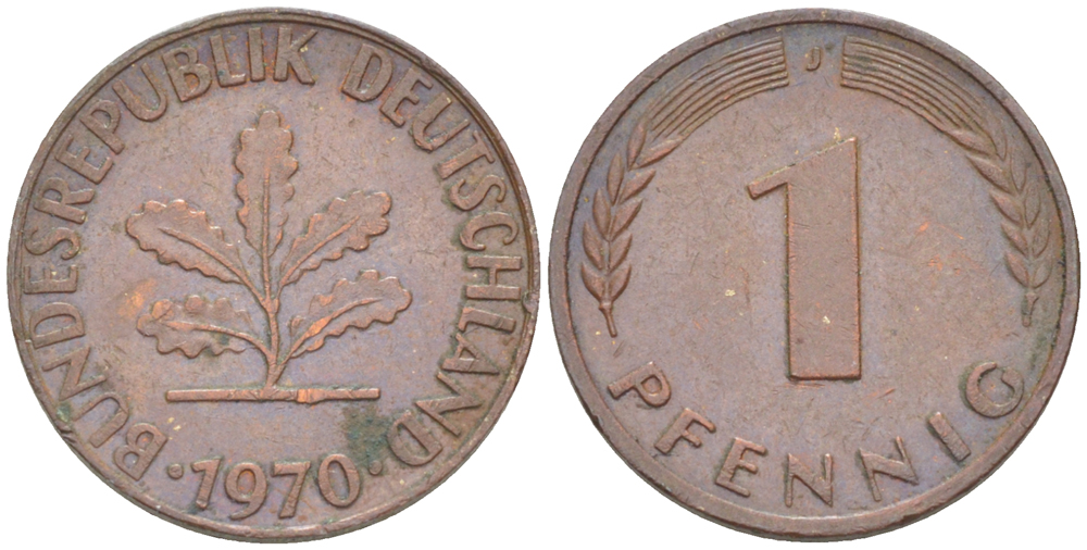 ФРГ 1 ПФЕННИГ 1970 J KM 105, J. 380 сталь плакированная медью 4181-556