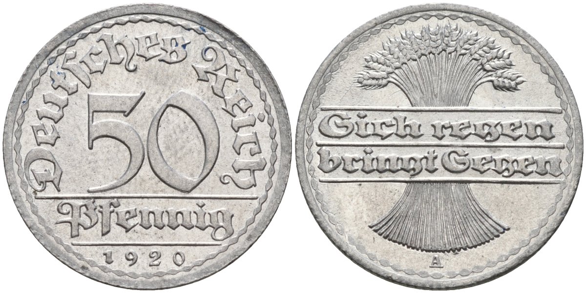 Германия 50 пфеннигов 1920 A KM 27, J.301, Weege 10 алюминий UNC 4584-725