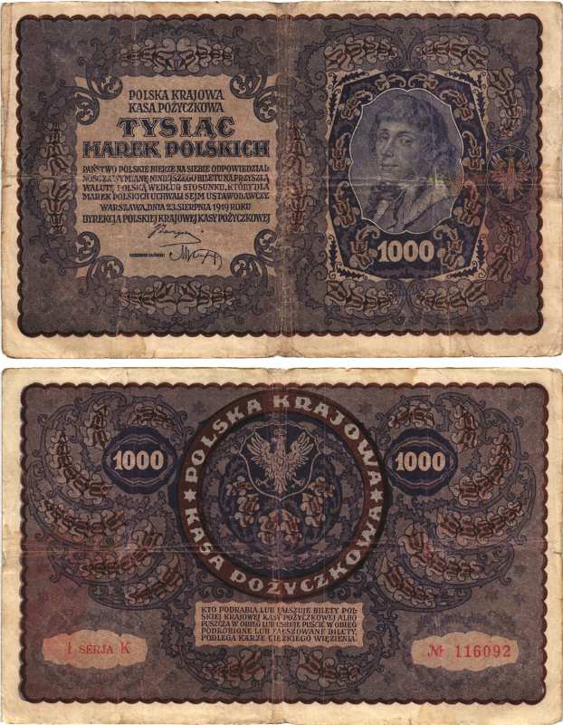Польша 1000 марок 1919 23 августа 1919, III серия, портрет Костюшко, серия K Pick 29 (3)  бумага   8609-25-1-1