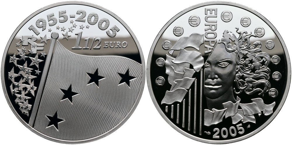 Франция 1 1/2 евро 2005 50 лет флагу объединенной Европы (1955-2005) KM 1434 серебро PROOF 1095-3-34