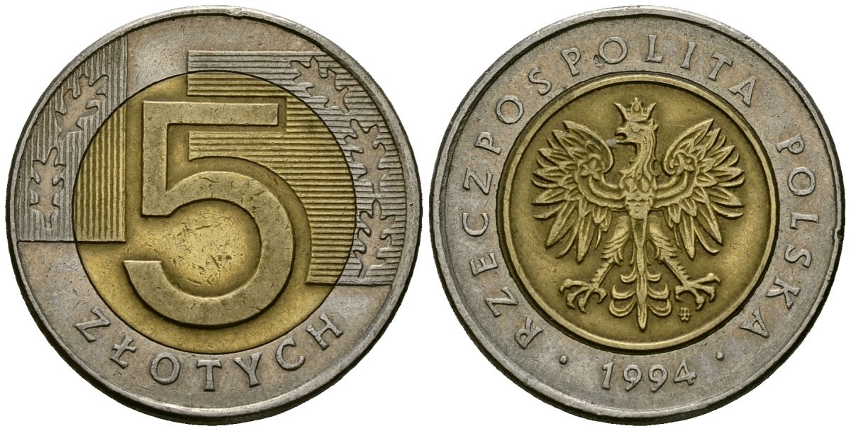 Польша 5 злотых 1994 MW KM 284 биметалл 4138-457