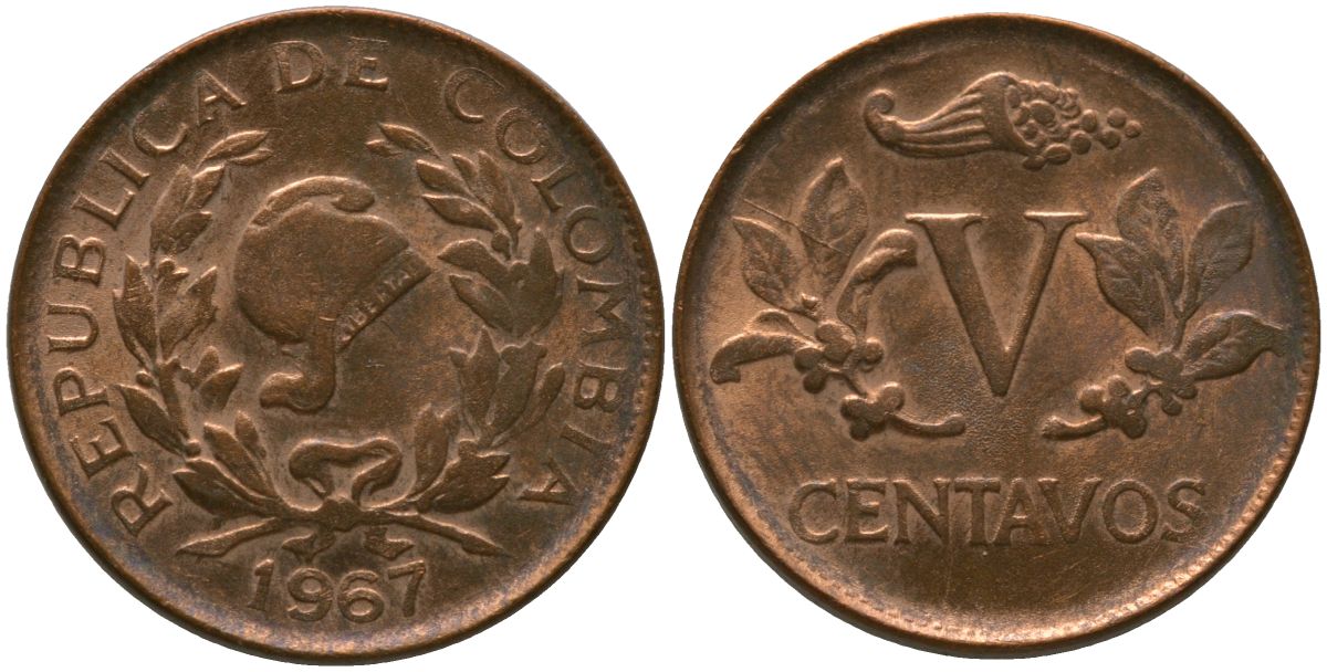 Колумбия 5 сентаво 1967 KM 206a, Schon 27a, Hernandez 384, Restrepo 372.1 сталь плакированная медью 4576-1251