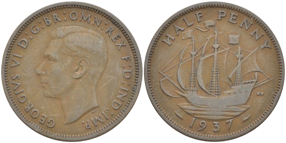 Великобритания 1/2 пенни 1937 Георг VI (1936-1952) KM 844, Spink 4115 бронза 4514-1244