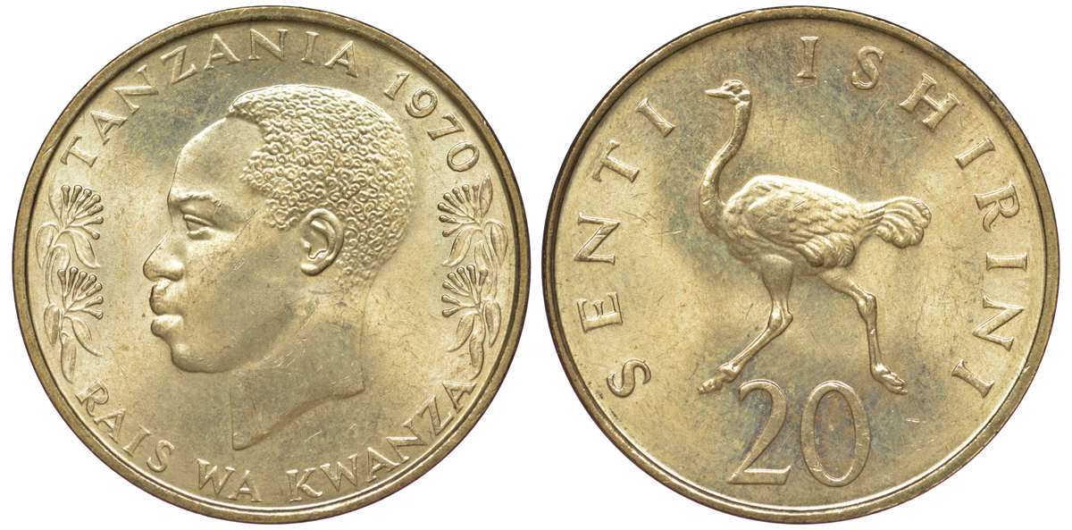 Танзания 20 центов 1970 KM 2 никель латунь UNC 4519-841