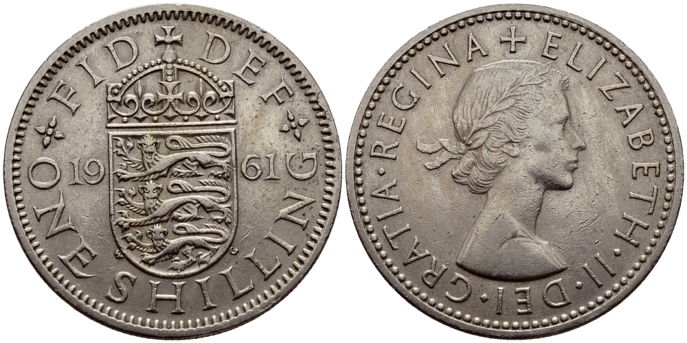 Великобритания 1 шиллинг 1961 Елизавета II (1952-2022), Английский герб KM 904, Spink 4147 медно-никель 75-712