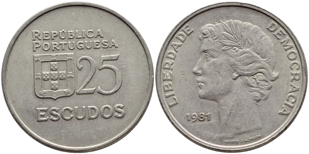 Португалия 25 эскудо 1981 KM 607а медно-никель 4394-745
