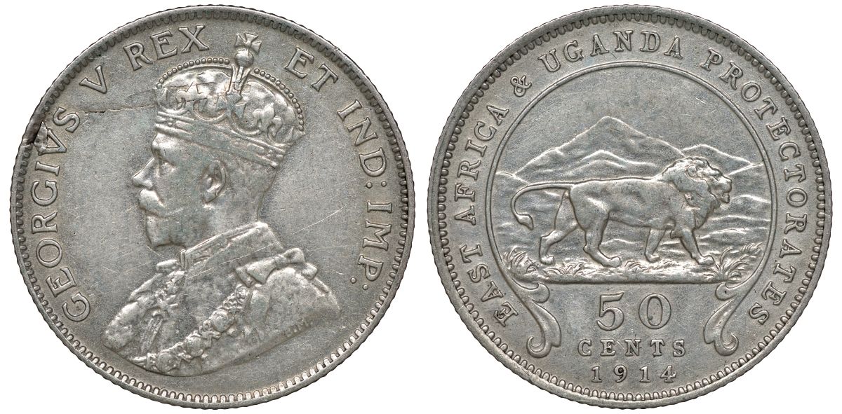 Британская Восточная Африка и Уганда 50 центов 1914 H, Георг V, лев, монетный двор Хитон KM 9 серебро 1528-833