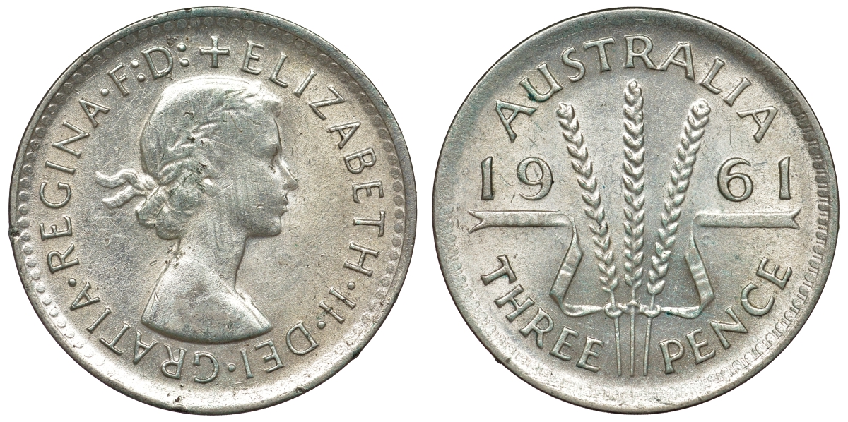 Австралия 3 пенса 1961 m, Елизавета II (1952-2022) KM 57 серебро 71-713
