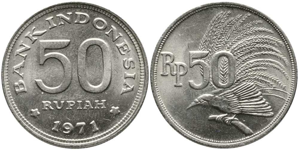 Индонезия 50 рупий 1971 райская птица KM 35 медно-никель UNC 110-626