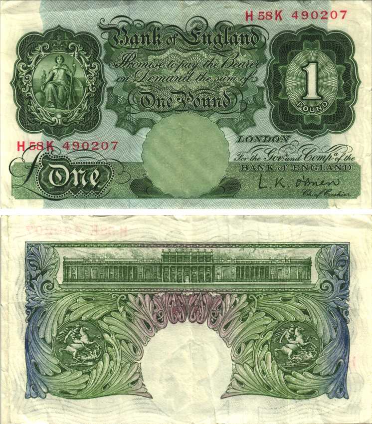 АНГЛИЯ 1 ФУНТ 1955-1960 ЗЕЛЕНЫЙ, ПОДПИСЬ L.K. O'BRIEN Pick 369с бумага VF 7218-35-3