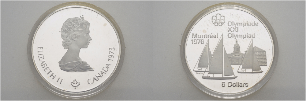 Канада 5 долларов 1973 XXI летние Олимпийские игры в Монреале 1976 года, парусники в Монреале KM 84 серебро PROOF 00-000-00
