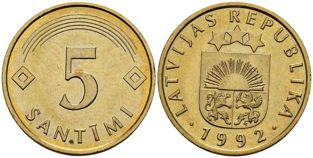 Латвия 5 сантимов 1992 KM 16 латунь 3955-922