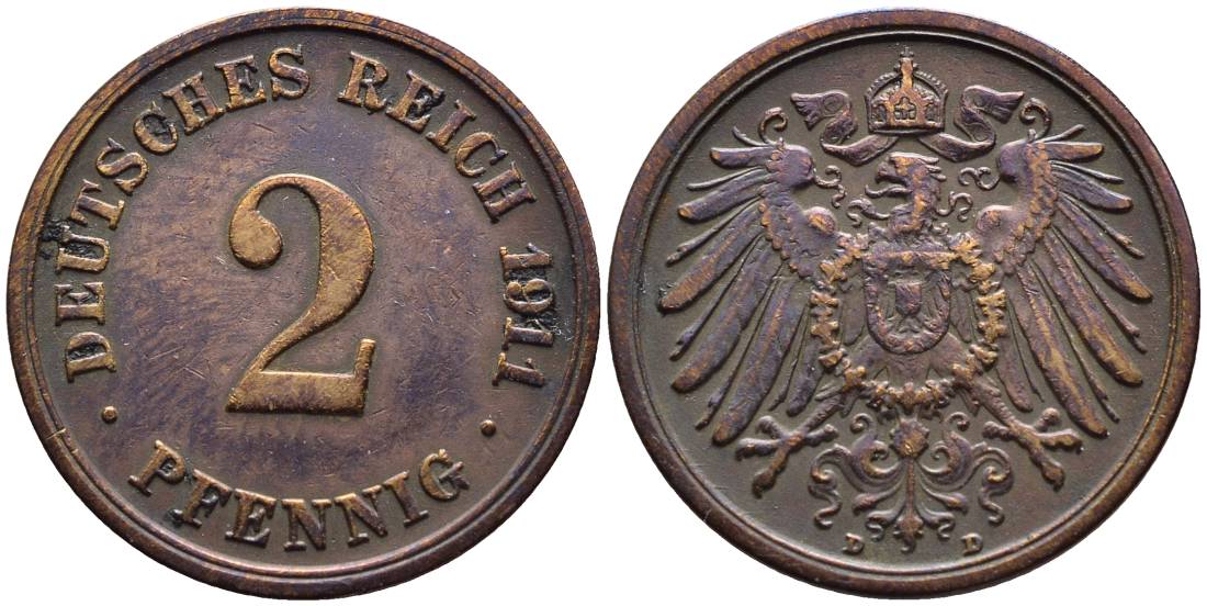 ГЕРМАНИЯ 2 ПФЕННИГА 1911 D KM 16, Jager 11, Weege 4 медь 4546-712