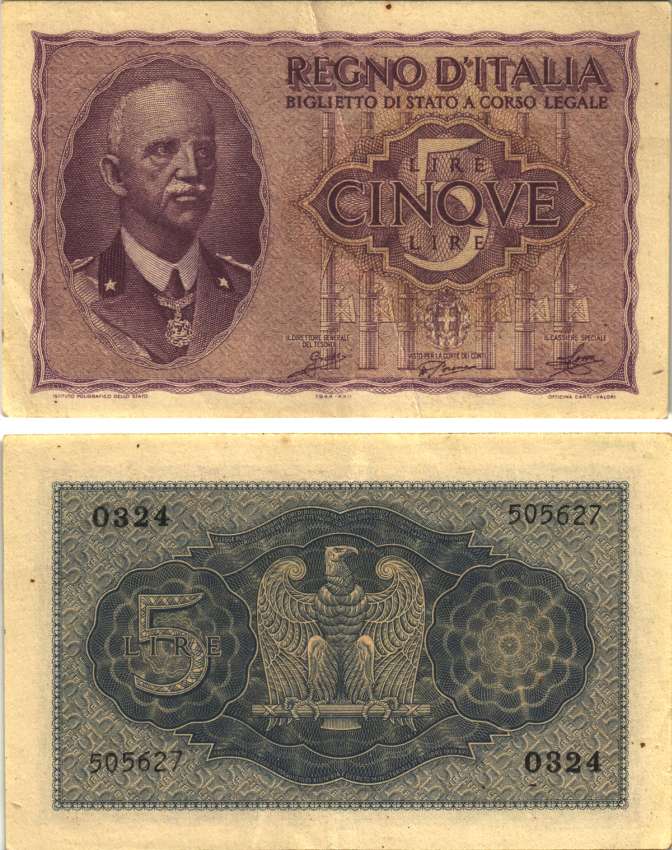 Италия 5 лир 1944 Виктор Эммануил III Pick 28, Grapanzano BS 28 бумага 7484-41-1-2