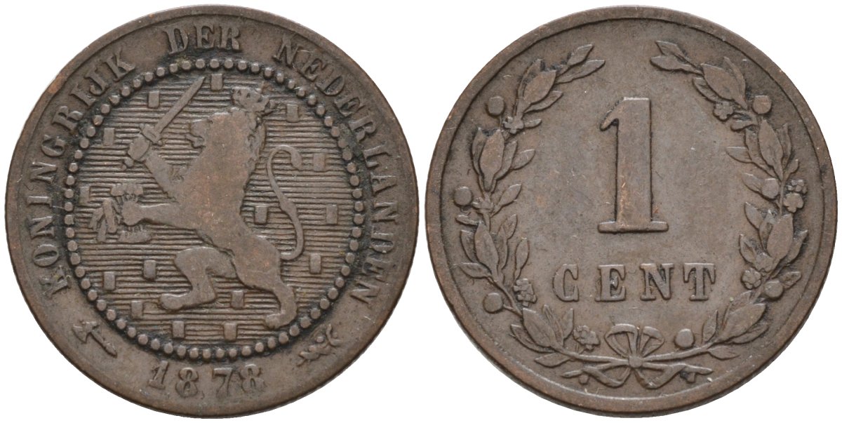 Нидерланды 1 цент 1878 Виллем III (1849-1890) KM 107 бронза 4576-532