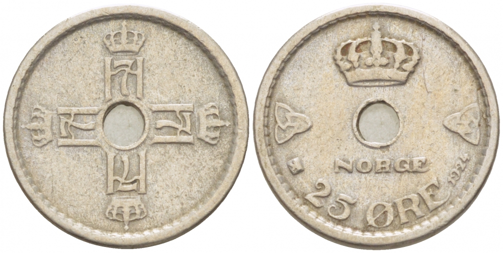 НОРВЕГИЯ 25 ЭРЕ 1924 ХОКОН VII (1905-1957) KM 384 медно-никель 3309-758